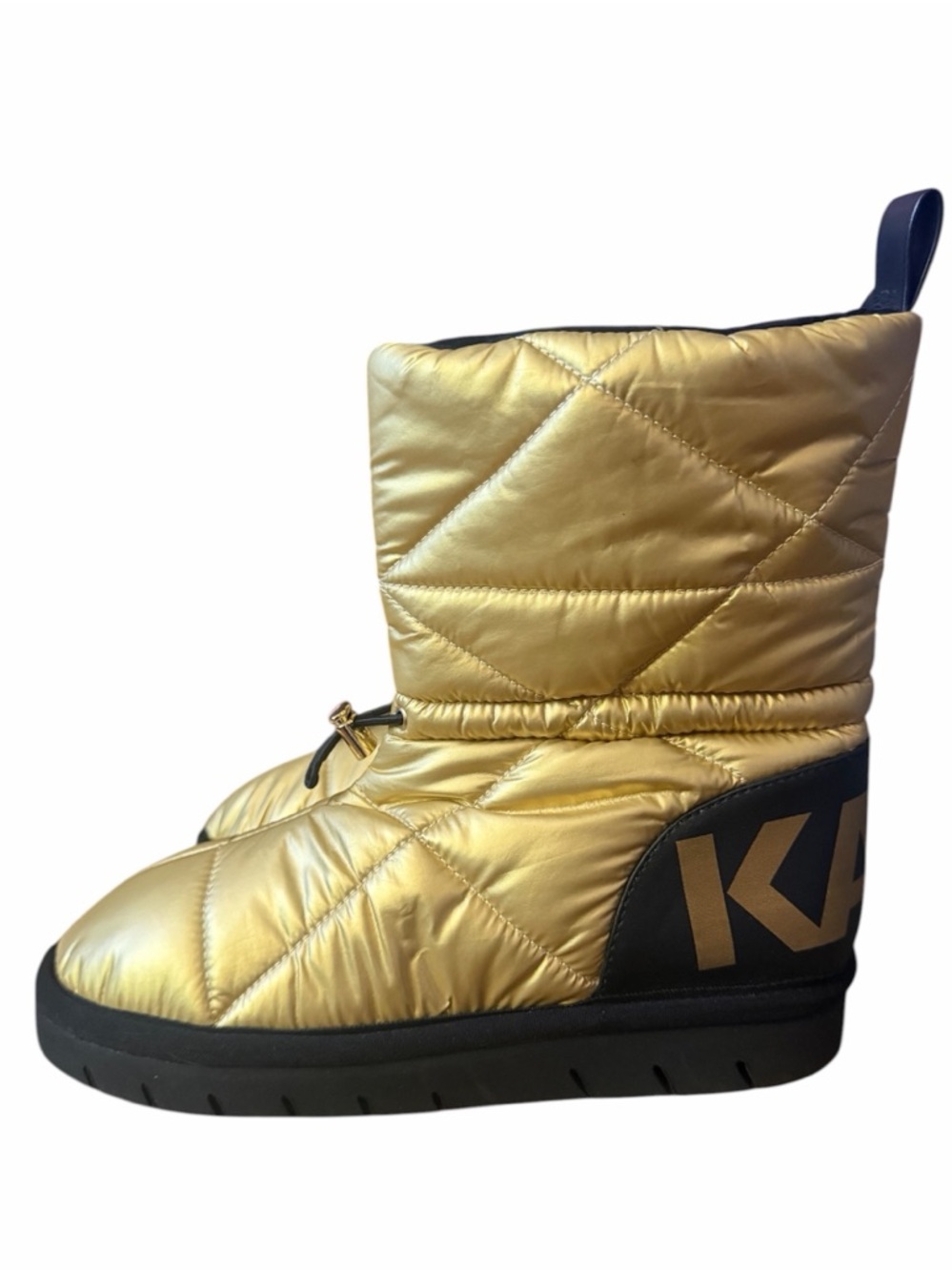 New Karl Lagerfeld Gold Quilted Puffer Ankle Woman’s Boots
